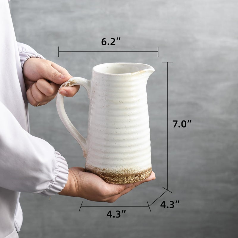 Quoowiit Ceramic Rustic Vase with Handle, White Distressed Decorative Farmhouse Pitcher Vase for Home Decor Living Room Bedroom Kitchen Office Shelf Decor Centerpiece Table Decoration - Image 5