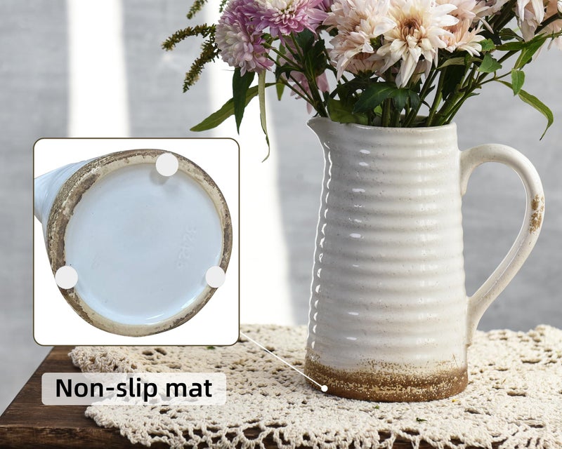 Quoowiit Ceramic Rustic Vase with Handle, White Distressed Decorative Farmhouse Pitcher Vase for Home Decor Living Room Bedroom Kitchen Office Shelf Decor Centerpiece Table Decoration - Image 4