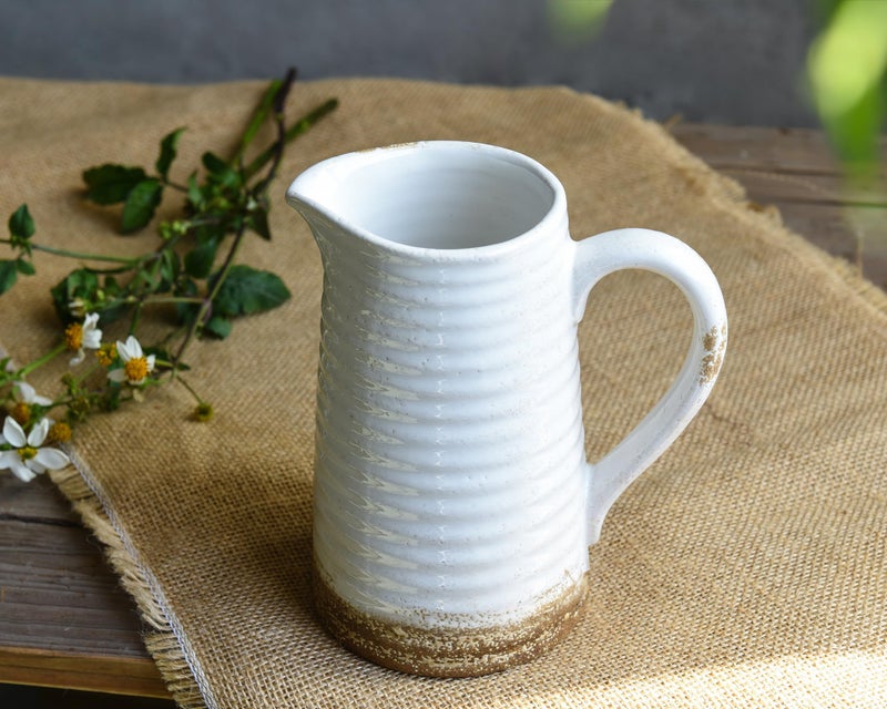 Quoowiit Ceramic Rustic Vase with Handle, White Distressed Decorative Farmhouse Pitcher Vase for Home Decor Living Room Bedroom Kitchen Office Shelf Decor Centerpiece Table Decoration - Image 3