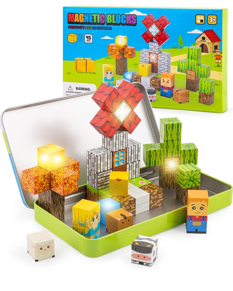 Qrooper Magnetic Blocks 45 pcs Travel Toys with LightUp Cube Easter Basket Stuffers Kids Toddler Magnet Building Blocks STEM Educational Learning Toy Gift for 35 48 Year Old Boys Girls Autism Forest - Image 3