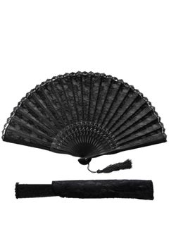 Excefore Hand Fan, Chinese Fan,Silk Fabric Bamboo Ribs Handheld Folding Wall Decoration Wedding Party, Fan with Frame, Lace for Women Girls Gifts (Black)  - Image 1
