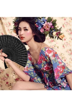 Excefore Hand Fan, Chinese Fan,Silk Fabric Bamboo Ribs Handheld Folding Wall Decoration Wedding Party, Fan with Frame, Lace for Women Girls Gifts (Black)  - Image 2