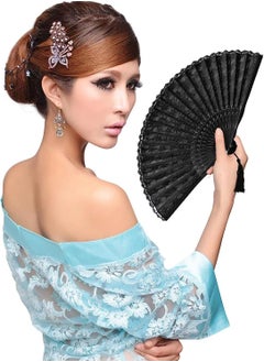 Excefore Hand Fan, Chinese Fan,Silk Fabric Bamboo Ribs Handheld Folding Wall Decoration Wedding Party, Fan with Frame, Lace for Women Girls Gifts (Black)  - Image 4