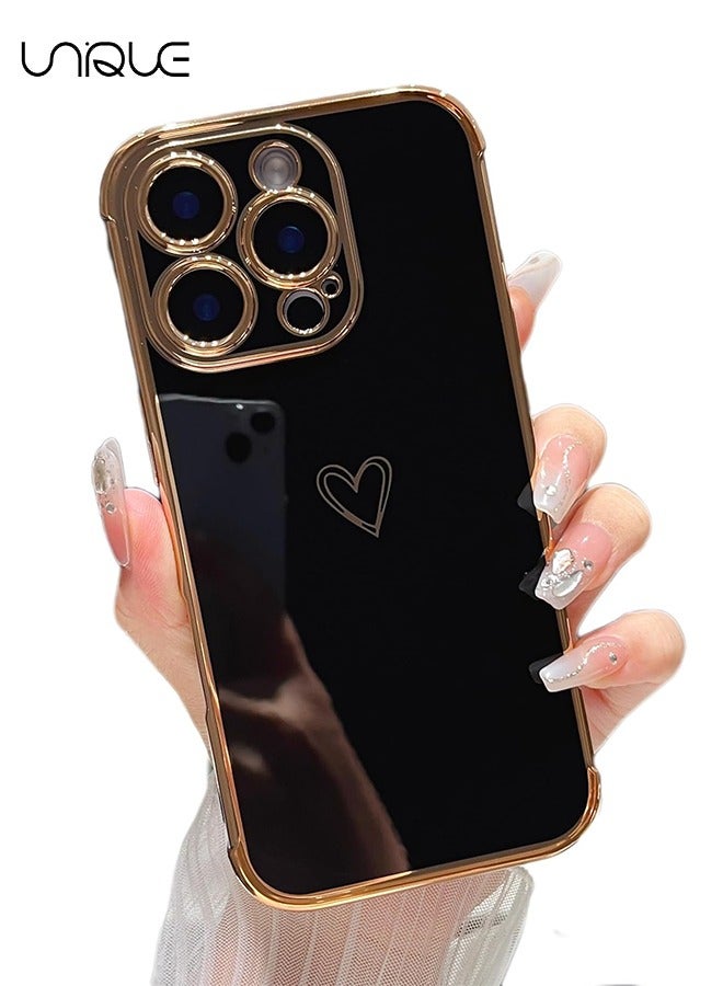 يونيك متوافق مع غطاء iPhone 16 Pro Max ، غطاء قلب الحب بالكهرباء غطاء حماية الكاميرا الأنيق TPU جراب خلفي واقي مقاوم للصدمات لهاتف أيفون 16 برو ماكس - أسود - Image 1