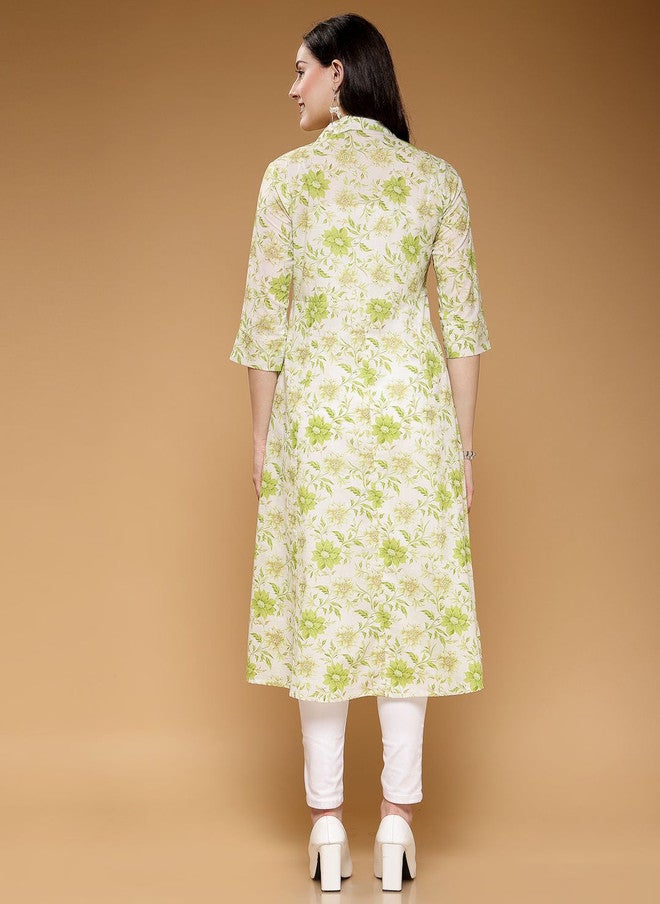 LARGISH Floral Printed Cotton Longline Open Front Shrug in Green and White - Image 5