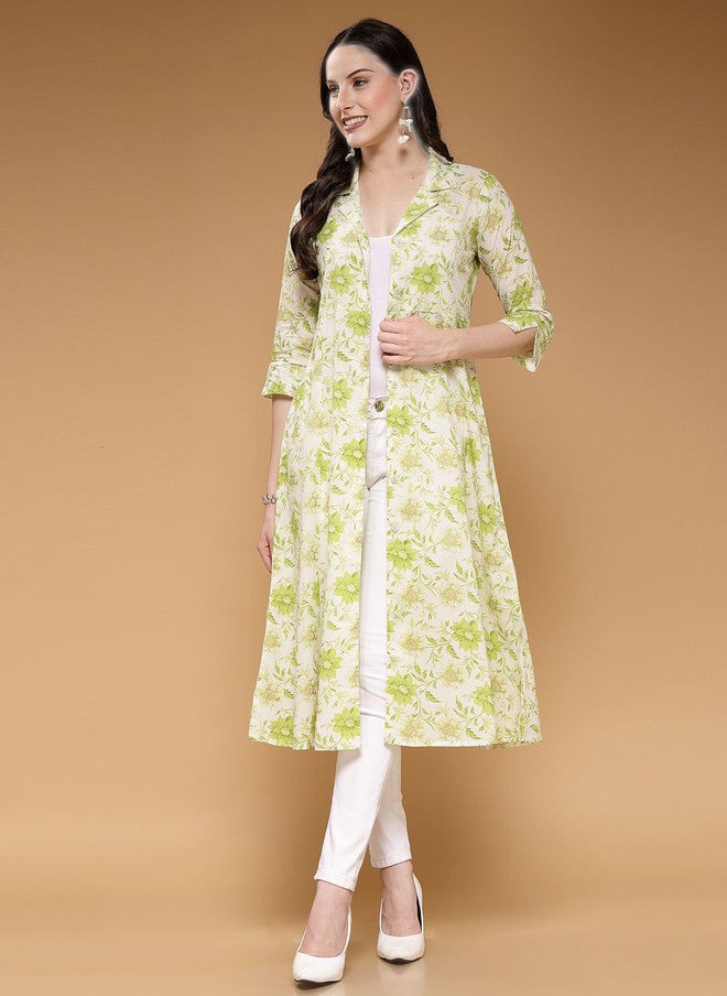 LARGISH Floral Printed Cotton Longline Open Front Shrug in Green and White - Image 1