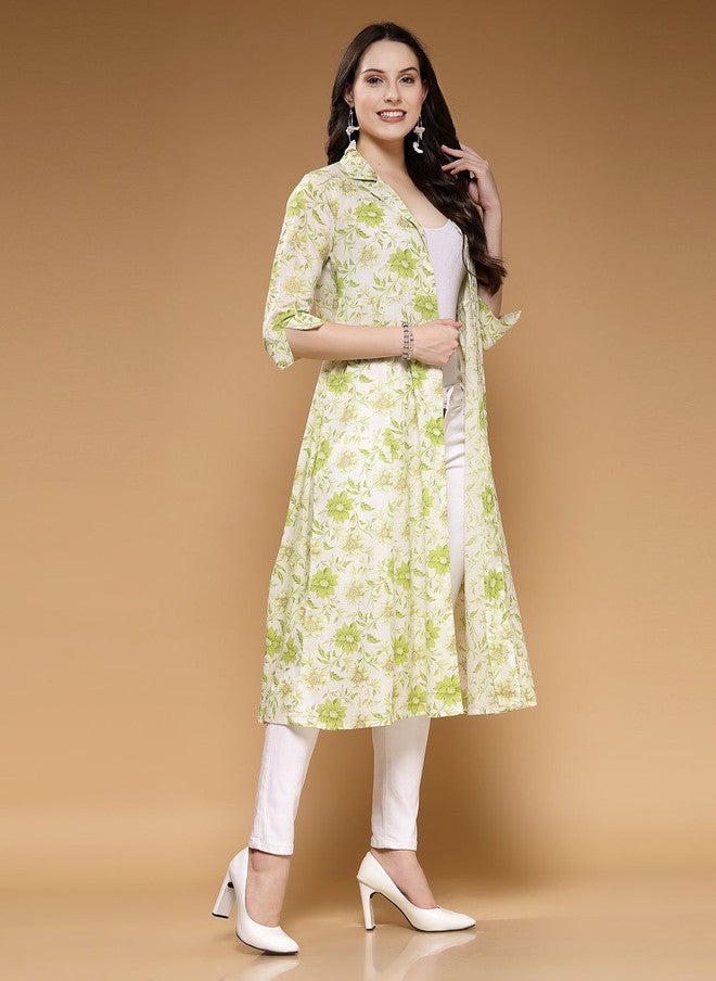 LARGISH Floral Printed Cotton Longline Open Front Shrug in Green and White - Image 3