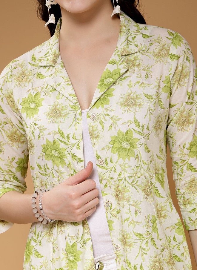 LARGISH Floral Printed Cotton Longline Open Front Shrug in Green and White - Image 2