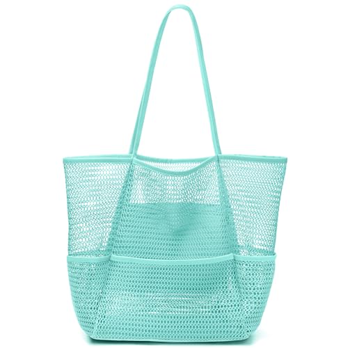 KPX Beach Bag with Mini Pocket Summer Beach Tote Bags for Women Large Foldable Mesh Swimming Pool Travel Bags Sandproof BlueStyle2 - Image 1