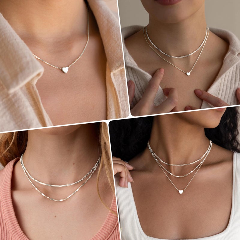 Poxtex Sterling Silver Heart Necklaces for Women, Dainty Stackable Cute Heart Pendant Layered Tiny Choker Necklaces, Valentine Gifts for Mom Wife Girlfriend Friend Sister Women Beauty Gifts for Young Women - Image 4