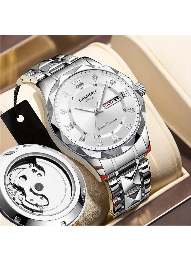 BANBONY 2pcs Couple Watch Trendy Fashion Men'S and Women'S Quartz Watch with Stainless Steel Strap and Rhinestone Night Light High-Definition Round Dial IPX7 Waterproof Night Light Display Calendar Display Wristwatch Holiday Gift Anniversary Couple Love Birthday Gift - Image 3