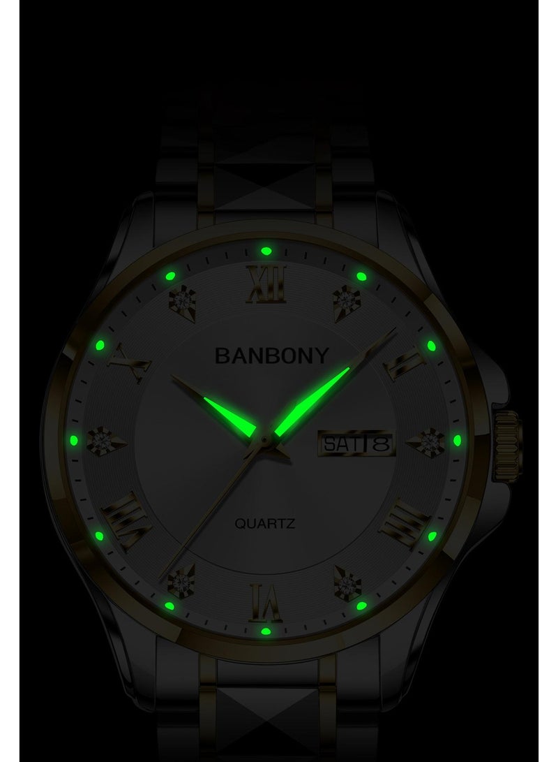 BANBONY 2pcs Couple Watch Trendy Fashion Men'S and Women'S Quartz Watch with Stainless Steel Strap and Rhinestone Night Light High-Definition Round Dial IPX7 Waterproof Night Light Display Calendar Display Wristwatch Holiday Gift Anniversary Couple Love Birthday Gift - Image 4