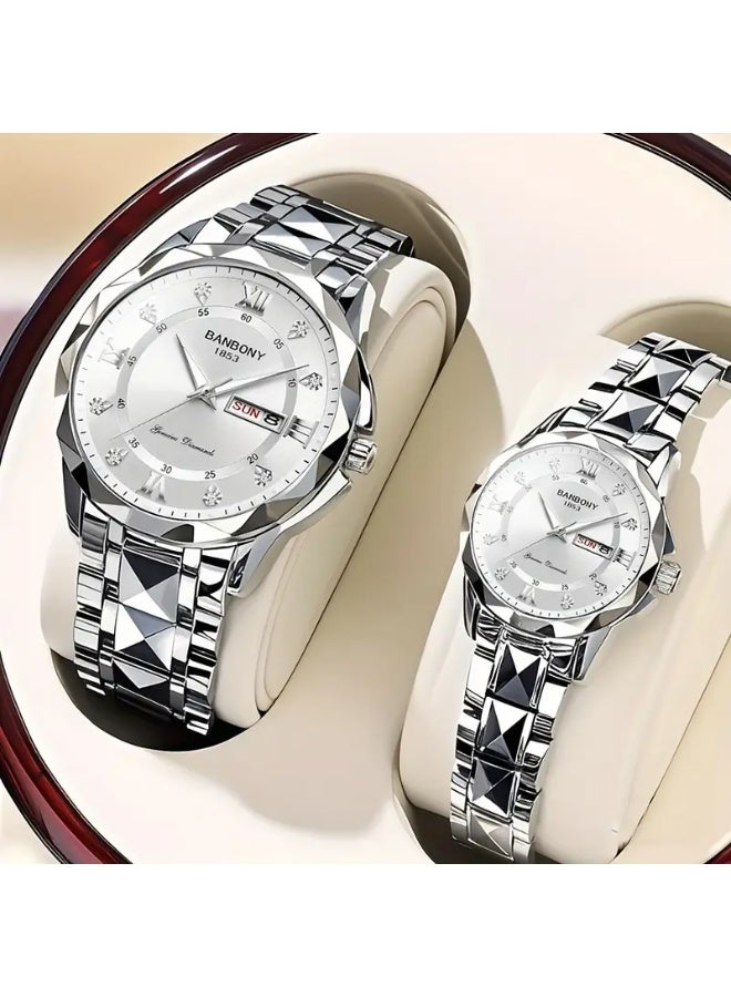 BANBONY 2pcs Couple Watch Trendy Fashion Men'S and Women'S Quartz Watch with Stainless Steel Strap and Rhinestone Night Light High-Definition Round Dial IPX7 Waterproof Night Light Display Calendar Display Wristwatch Holiday Gift Anniversary Couple Love Birthday Gift - Image 1