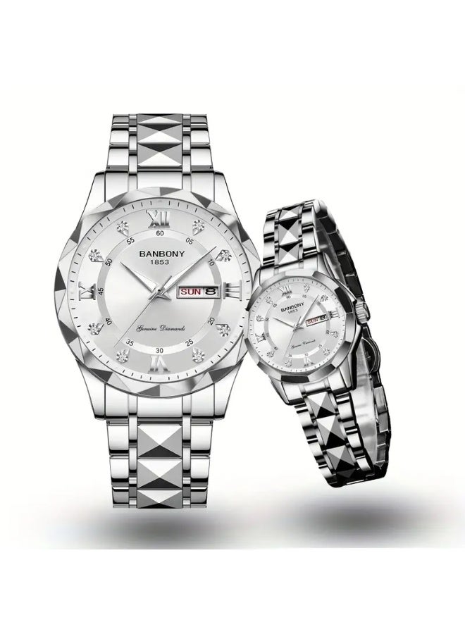 BANBONY 2pcs Couple Watch Trendy Fashion Men'S and Women'S Quartz Watch with Stainless Steel Strap and Rhinestone Night Light High-Definition Round Dial IPX7 Waterproof Night Light Display Calendar Display Wristwatch Holiday Gift Anniversary Couple Love Birthday Gift - Image 2