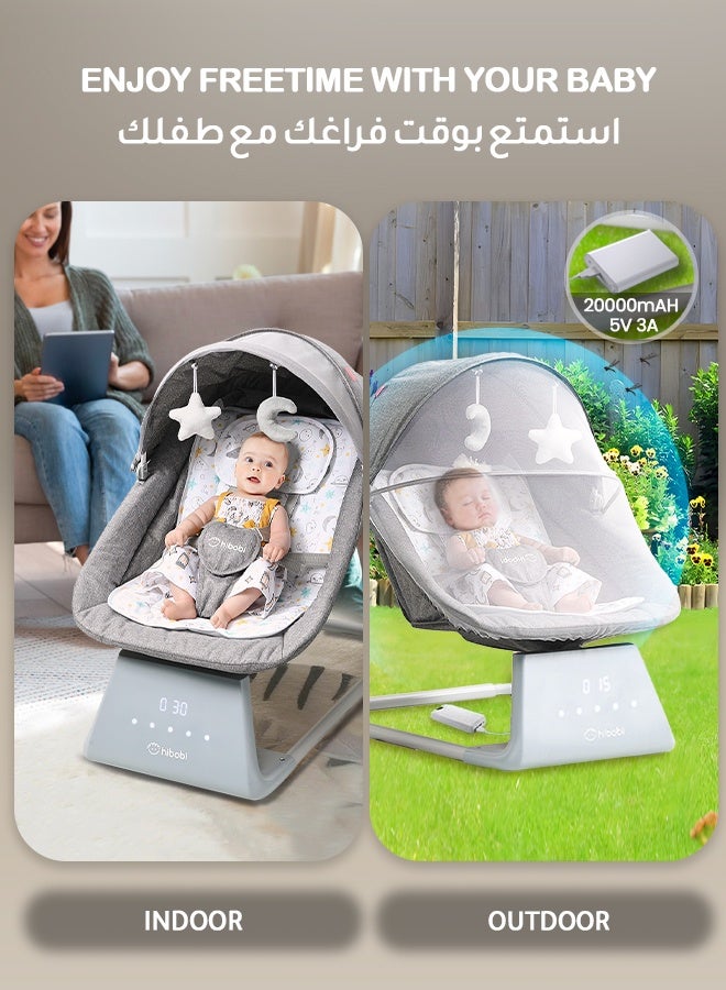 هيبوبي كرسي هزاز كهربائي فاخر للأطفال – مقعد واسع ومريح، ظهر قابل للتعديل، موسيقى بلوتوث، مستشعر حركة ذكي، ريموت كنترول، شبكة واقية وتصميم محمول يعمل عبر USB – مناسب من الولادة حتى 36 شهرًا (رمادي) - Image 4