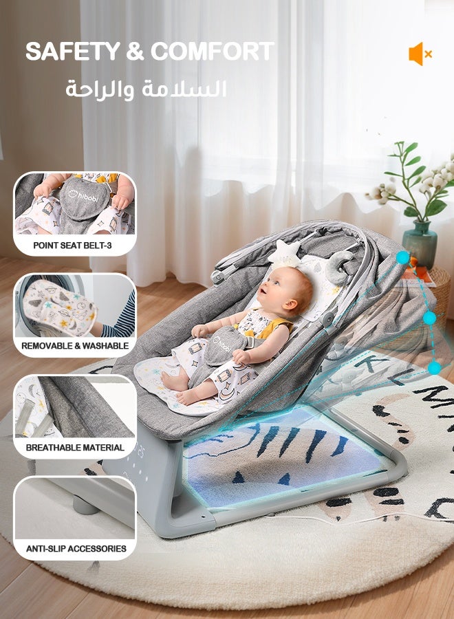 هيبوبي كرسي هزاز كهربائي فاخر للأطفال – مقعد واسع ومريح، ظهر قابل للتعديل، موسيقى بلوتوث، مستشعر حركة ذكي، ريموت كنترول، شبكة واقية وتصميم محمول يعمل عبر USB – مناسب من الولادة حتى 36 شهرًا (رمادي) - Image 3