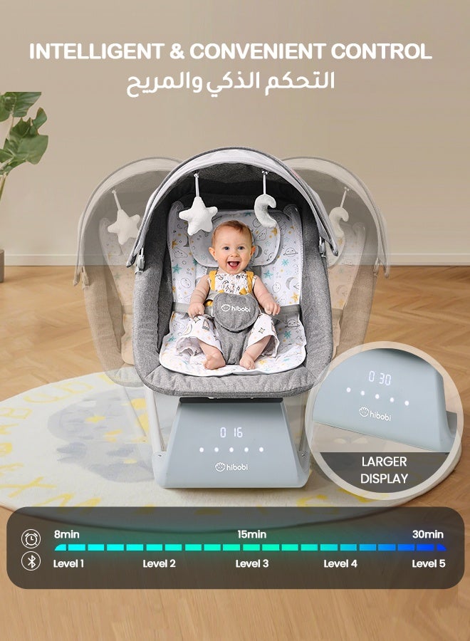 هيبوبي كرسي هزاز كهربائي فاخر للأطفال – مقعد واسع ومريح، ظهر قابل للتعديل، موسيقى بلوتوث، مستشعر حركة ذكي، ريموت كنترول، شبكة واقية وتصميم محمول يعمل عبر USB – مناسب من الولادة حتى 36 شهرًا (رمادي) - Image 2
