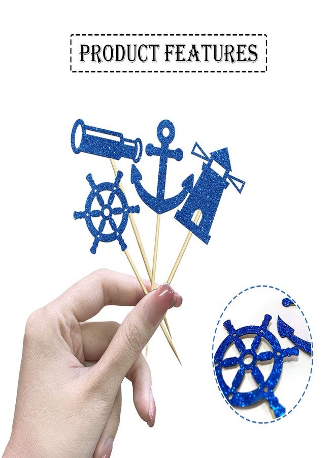 Helewilk 24 Pcs Happy Birthday Nautical Themed Cupcake Toppers, Blue Glitter Baby Shower/Sailing Themed/Navy Wedding Cupcake Dessert Decor, Ship Anchor Lighthouse Telescope Sign - Image 2