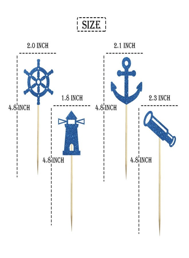 Helewilk 24 Pcs Happy Birthday Nautical Themed Cupcake Toppers, Blue Glitter Baby Shower/Sailing Themed/Navy Wedding Cupcake Dessert Decor, Ship Anchor Lighthouse Telescope Sign - Image 3