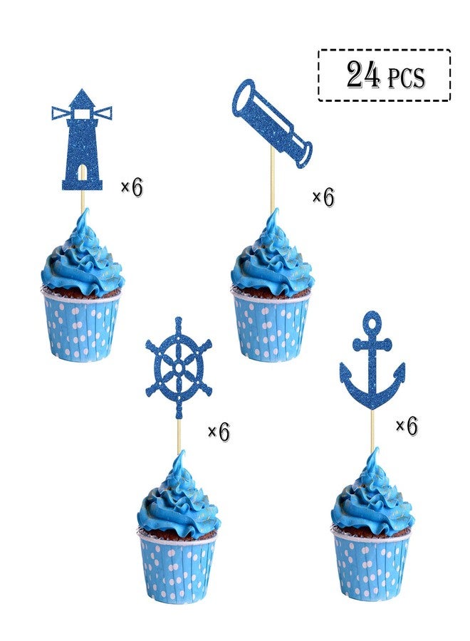 Helewilk 24 Pcs Happy Birthday Nautical Themed Cupcake Toppers, Blue Glitter Baby Shower/Sailing Themed/Navy Wedding Cupcake Dessert Decor, Ship Anchor Lighthouse Telescope Sign - Image 4