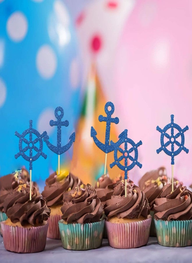Helewilk 24 Pcs Happy Birthday Nautical Themed Cupcake Toppers, Blue Glitter Baby Shower/Sailing Themed/Navy Wedding Cupcake Dessert Decor, Ship Anchor Lighthouse Telescope Sign - Image 5