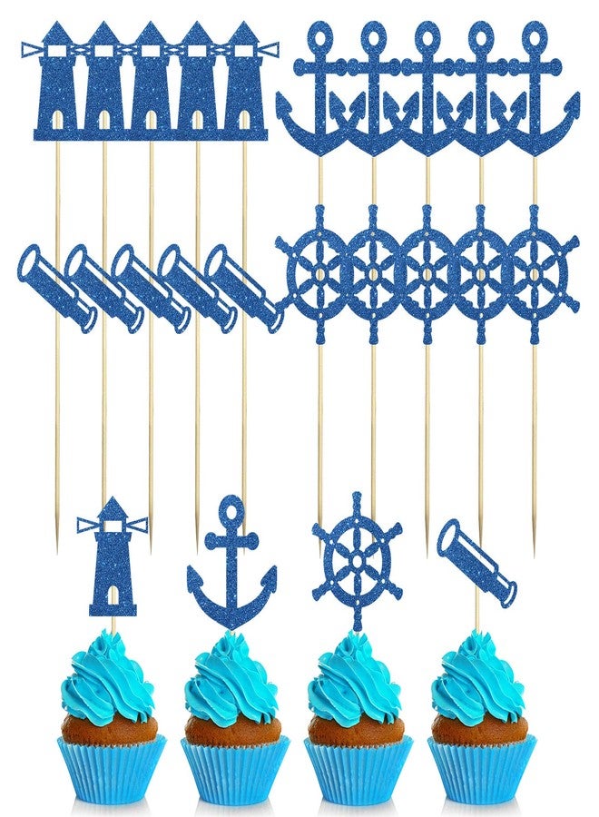 Helewilk 24 Pcs Happy Birthday Nautical Themed Cupcake Toppers, Blue Glitter Baby Shower/Sailing Themed/Navy Wedding Cupcake Dessert Decor, Ship Anchor Lighthouse Telescope Sign - Image 1