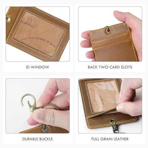 boshiho Badge Holder: Boshiho Cowhide Leather ID Card Badge Holder with Keychain Key Ring, Vertical Style (Light Brown) - Image 2