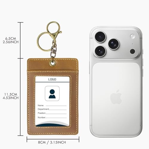 boshiho Badge Holder: Boshiho Cowhide Leather ID Card Badge Holder with Keychain Key Ring, Vertical Style (Light Brown) - Image 5
