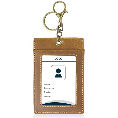 boshiho Badge Holder: Boshiho Cowhide Leather ID Card Badge Holder with Keychain Key Ring, Vertical Style (Light Brown) - Image 1