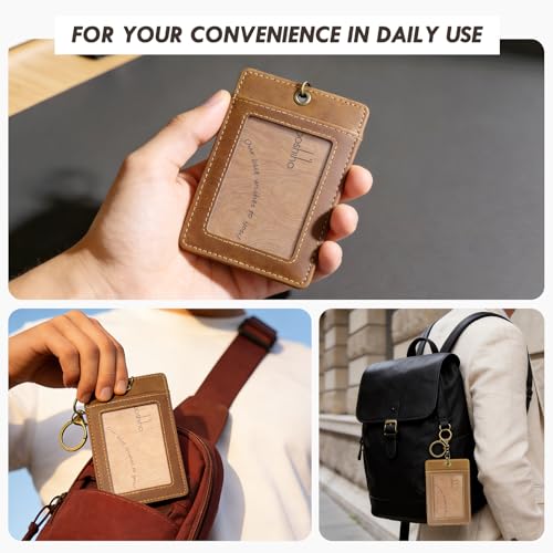 boshiho Badge Holder: Boshiho Cowhide Leather ID Card Badge Holder with Keychain Key Ring, Vertical Style (Light Brown) - Image 4