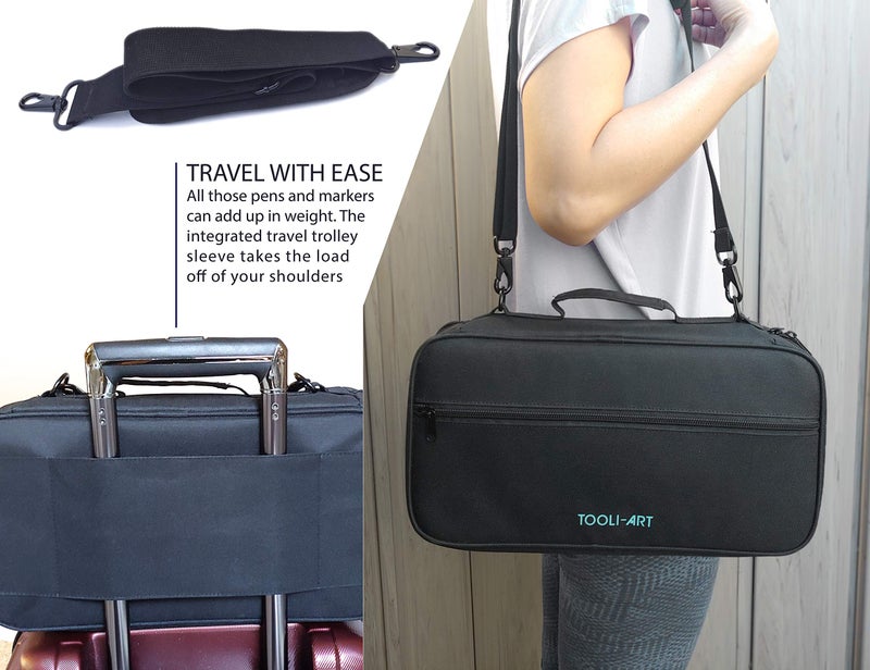 TOOLI-ART Marker & Pen Carrying Case -120 Slots, Canvas, Extra Pockets, Trolley Sleeve, Removable Shoulder Strap, For Most Markers (up to 15mm Diameter), Lipstick, Etc. Black - Image 5