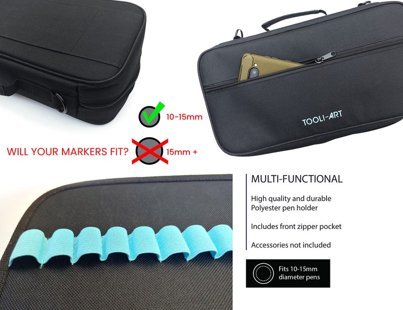 TOOLI-ART Marker & Pen Carrying Case -120 Slots, Canvas, Extra Pockets, Trolley Sleeve, Removable Shoulder Strap, For Most Markers (up to 15mm Diameter), Lipstick, Etc. Black - Image 3