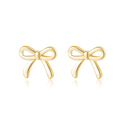 SLUYNZ Solid 925 Sterling Silver Tiny Bow Earrings Stud for Women Teen Girls Small Bowknot post Stud Earrings (B-Gold Plated) - Image 1