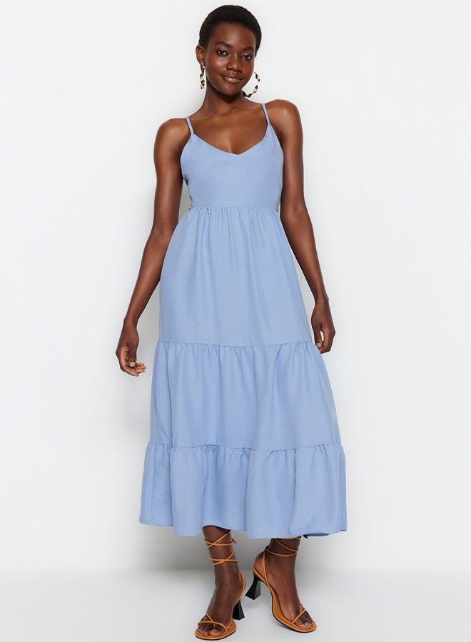 trendyol Indigo Skirt Flounced Back Tie Detail Strap Maxi Woven Dress - Image 3