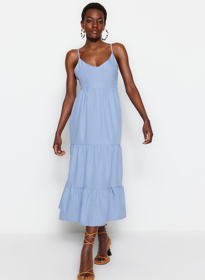 trendyol Indigo Skirt Flounced Back Tie Detail Strap Maxi Woven Dress - Image 2