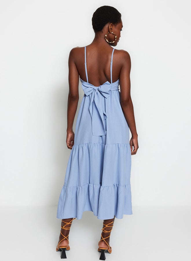 trendyol Indigo Skirt Flounced Back Tie Detail Strap Maxi Woven Dress - Image 5