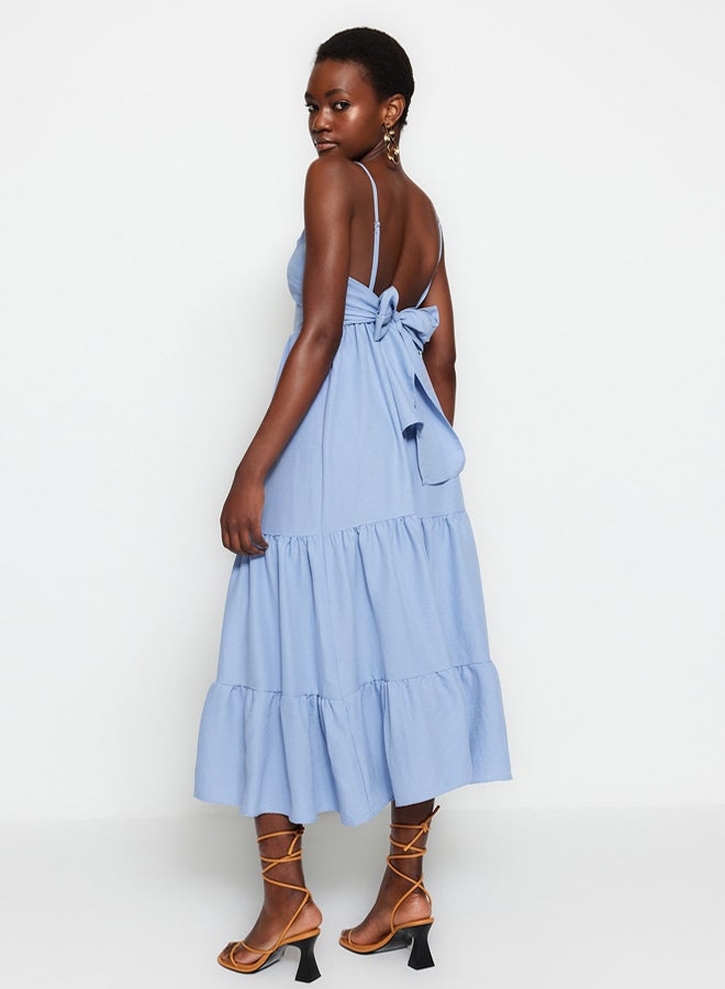 trendyol Indigo Skirt Flounced Back Tie Detail Strap Maxi Woven Dress - Image 4