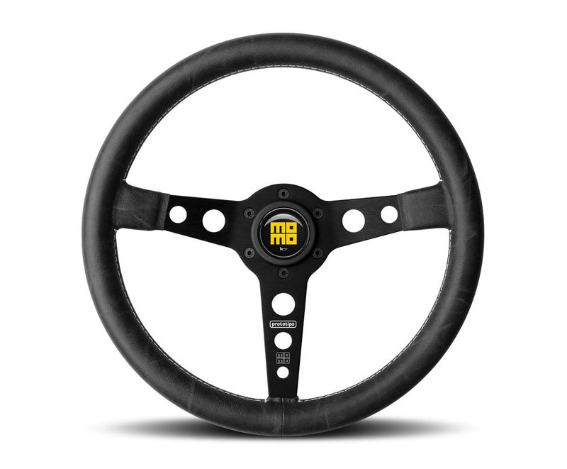 MOMO Prototipo Heritage Steering Wheel | 350mm (13.8") Diameter | Black Leather Grip w/White Stitch | 30x30mm Grip Diameter | Brushed Black Anodized Spokes | Racing Quality for Sim & Street - Image 1