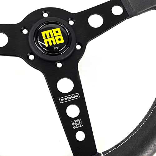 MOMO Prototipo Heritage Steering Wheel | 350mm (13.8") Diameter | Black Leather Grip w/White Stitch | 30x30mm Grip Diameter | Brushed Black Anodized Spokes | Racing Quality for Sim & Street - Image 5