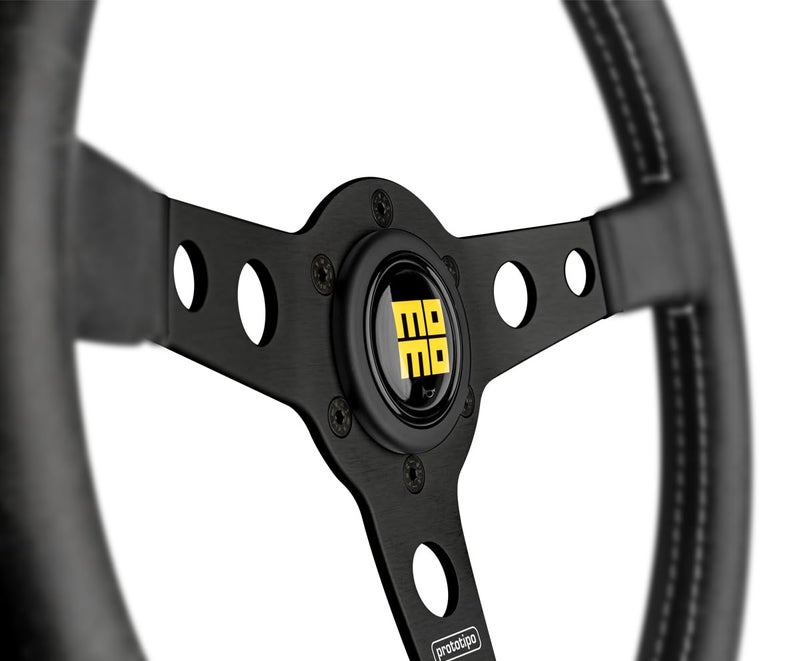 MOMO Prototipo Heritage Steering Wheel | 350mm (13.8") Diameter | Black Leather Grip w/White Stitch | 30x30mm Grip Diameter | Brushed Black Anodized Spokes | Racing Quality for Sim & Street - Image 3