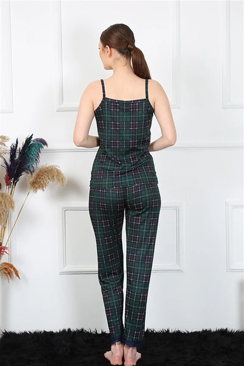 اكبينيز Women's Rope Strap Green Plaid Pajamas Set 4135