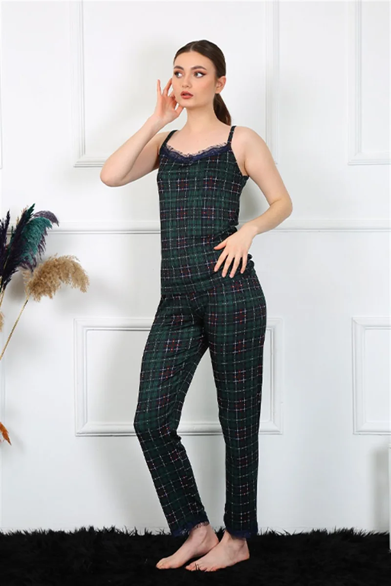 اكبينيز Women's Rope Strap Green Plaid Pajamas Set 4135