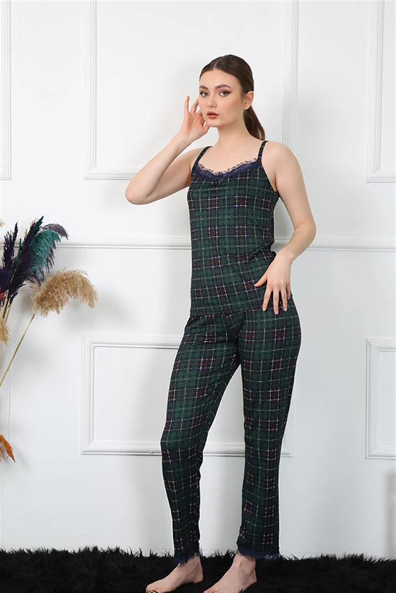 اكبينيز Women's Rope Strap Green Plaid Pajamas Set 4135