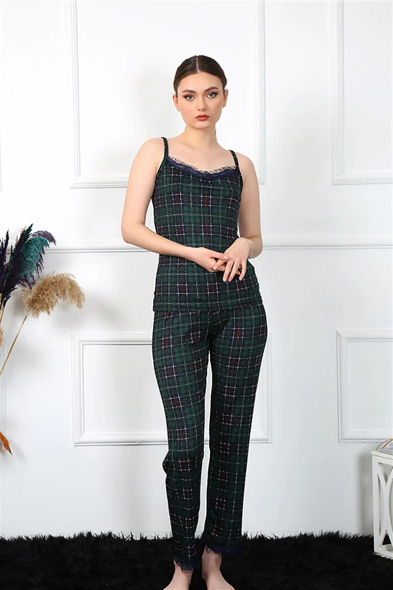 اكبينيز Women's Rope Strap Green Plaid Pajamas Set 4135