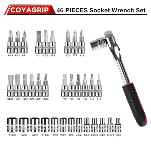 COYAGRIP 46PCS Socket Ratchet Wrench Set, 1/4 Inch Drive Small Tool Set with Screwdriver Bit Sockets Extension Bar and Storage Case, Metric Socket Set for Car Repair and Home Use - Image 2