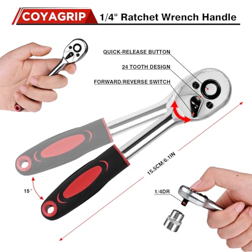 COYAGRIP 46PCS Socket Ratchet Wrench Set, 1/4 Inch Drive Small Tool Set with Screwdriver Bit Sockets Extension Bar and Storage Case, Metric Socket Set for Car Repair and Home Use - Image 4