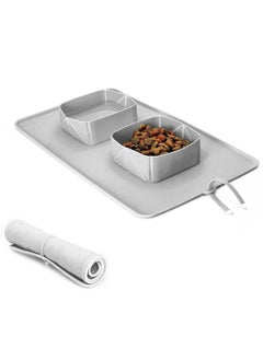 Pet bowl-silicone folding pet bowl, non-slip dog and cat double bowl, storage bag dog bowl, outdoor pet portable folding cat and dog bowl (Grey)