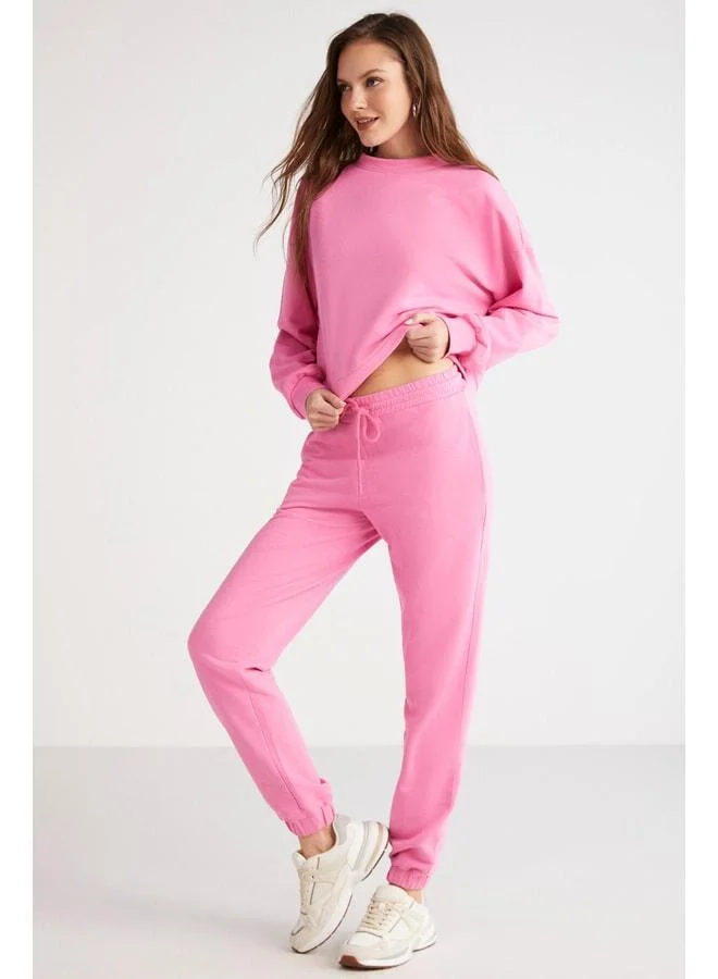 Ethiquet Savannah Women's Polar-Free Bike Neck Sweatpants with Elastic Waist and Legs, Comfort Fit, Pink Tracksuit Set.