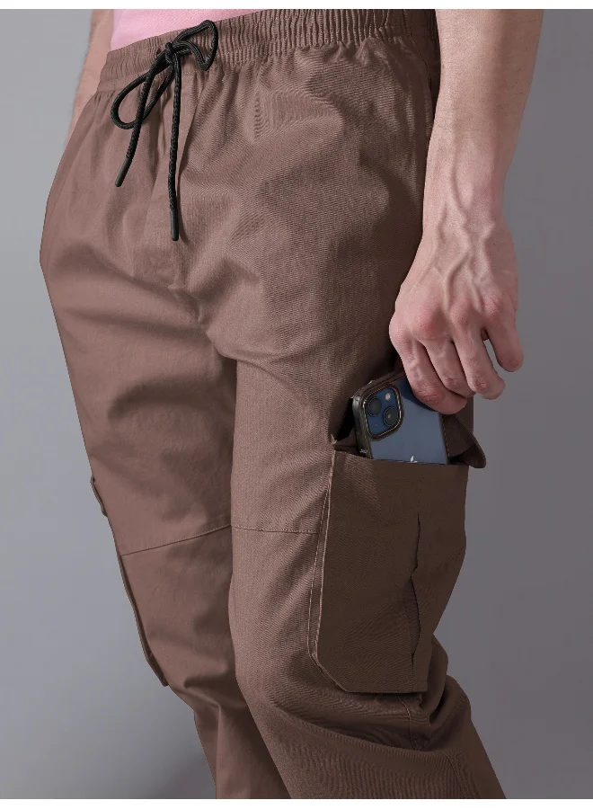 Beyoung Caramel Brown Heavy Gauge Cargo Joggers