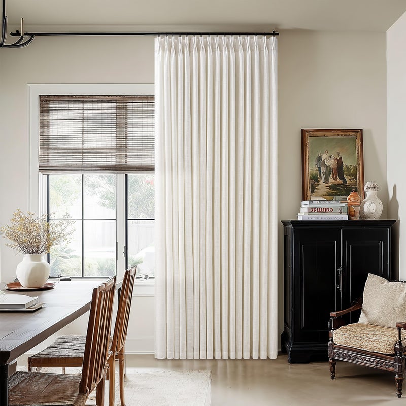 Seeluck Pinch Pleated Linen Curtains 90 Inches Long for Living Room Cream Ivory Light Filtering Pinch Pleat Hooks Rings Back Tab Neutral Boho Farmhouse 90 Inch Curtain Drapes for Bedroom Window 1 Panel - Image 1